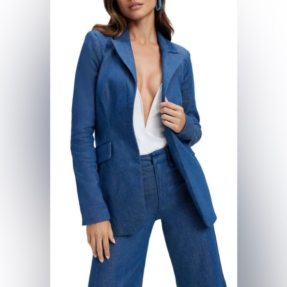 Good American Notch Lapel Chambray Blazer Denim Lined Women’s Sz 1 - Picture 2 of 12